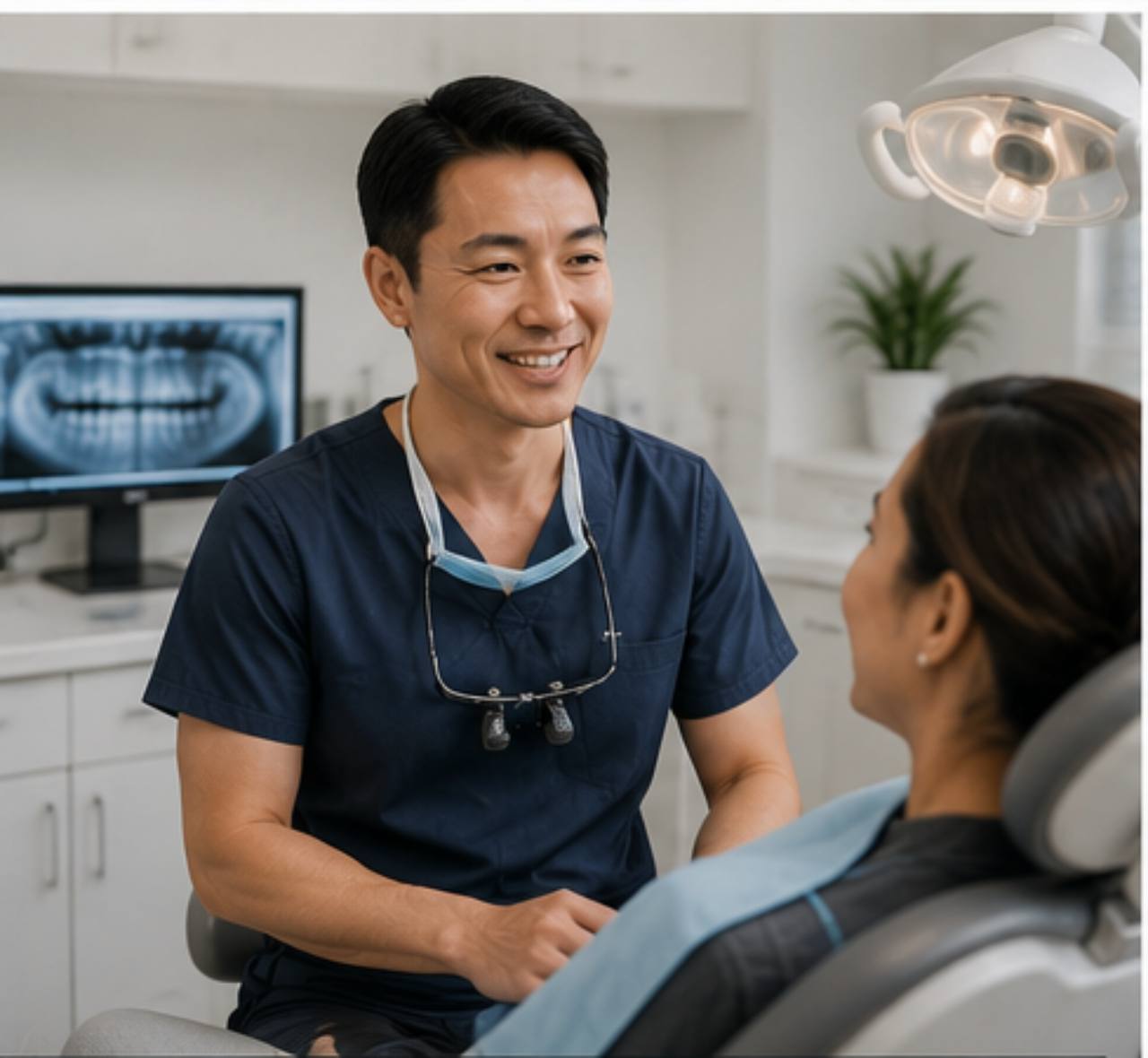Dental professional speaking with a patient in a modern clinic
