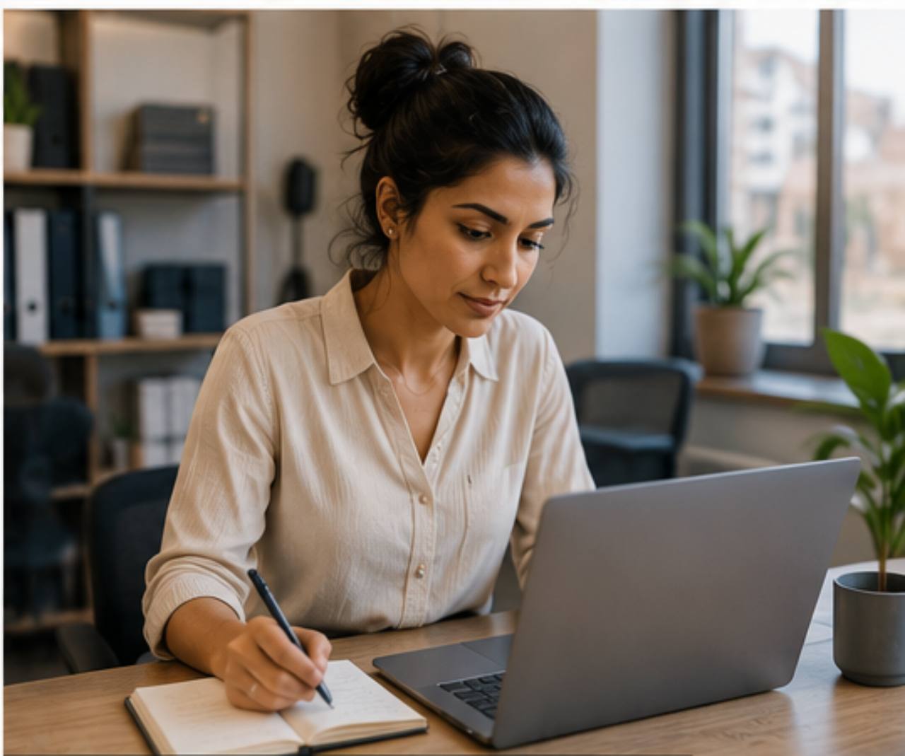 Business professional working at a laptop in a modern office