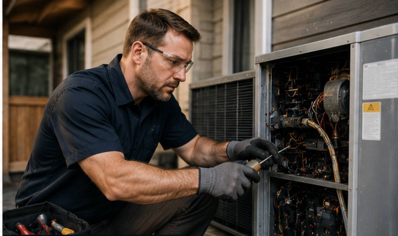 HVAC technician servicing residential equipment